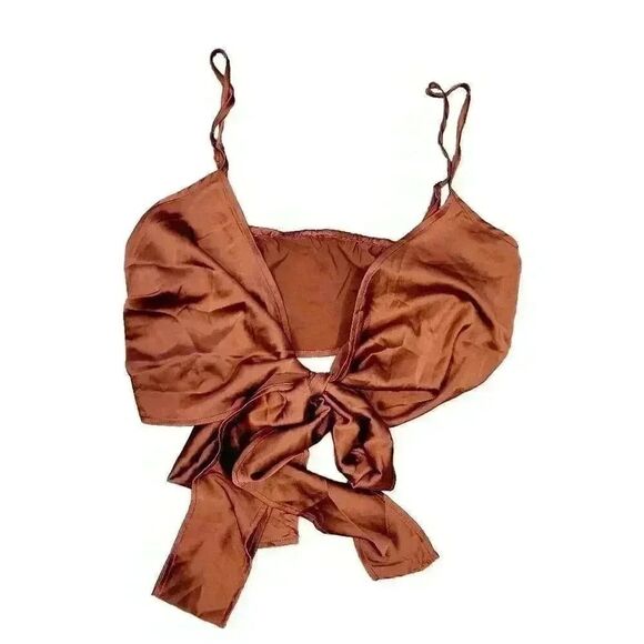 Cider Women's Golden Brown Poly Satin Cross Front Adj Strap Tank Top w Back Bow - Picture 2 of 9